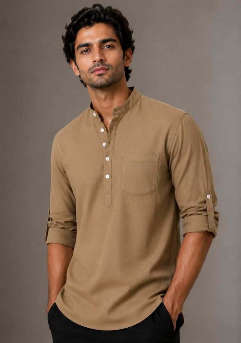 Brown Linen Solid Short Kurta-51029