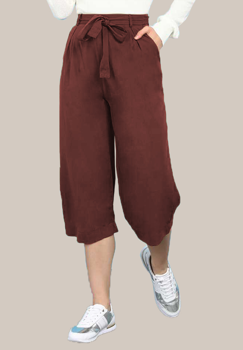 Brown Rayon Solid Women Culottes with Belt-35108