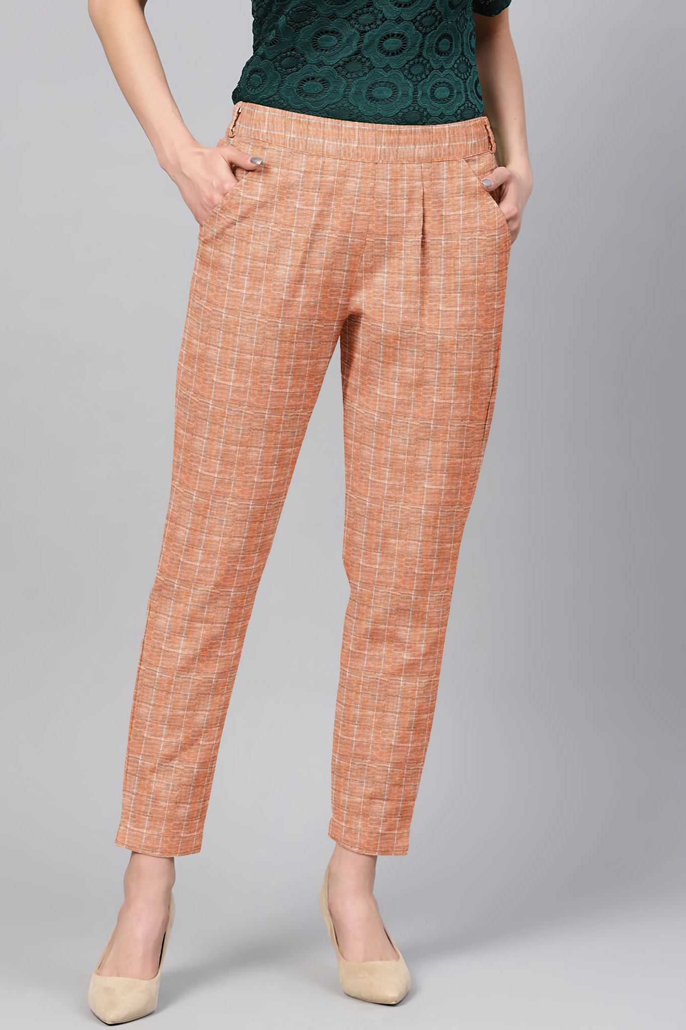 Brown White Cotton Check Regular Fit Solid Trouser-36058
