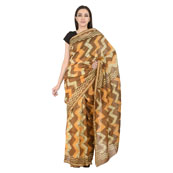 Brown- Off White and Orange Block Print Chanderi Saree-20113