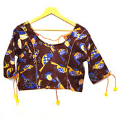 Brown-Yellow and Blue Bird Kalamkari Print Cotton Blouse-30020