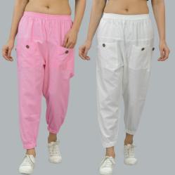 Combo of 2 Baby Pink and White Pure Cotton Four Pocket Cargo Pants-45383