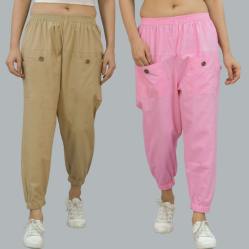 Combo of 2 Beige and Baby Pink Pure Cotton Four Pocket Cargo Pants-45379