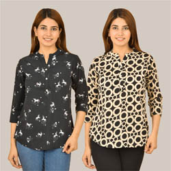 Combo of 2 Beige and Black Crepe Women Printed Top-38557