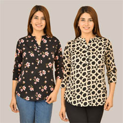 Combo of 2 Beige and Black Crepe Women Printed Top-38572