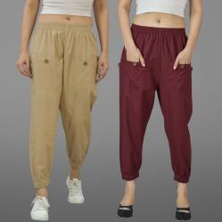 Combo of 2 Beige and Maroon Pure Cotton Four Pocket Cargo Pants-45494