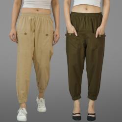 Combo of 2 Beige and Mehndi Green Pure Cotton Four Pocket Cargo Pants-45493