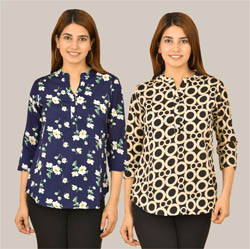 Combo of 2 Beige and Navy Blue Crepe Women Printed Top-38590