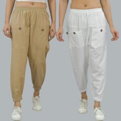 Combo of 2 Beige and White Pure Cotton Four Pocket Cargo Pants-45381
