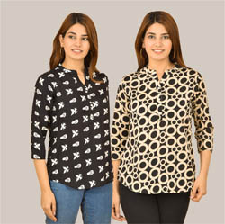 Combo of 2 Black and Beige Crepe Women Printed Top-38565