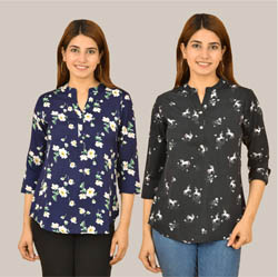 Combo of 2 Black and Blue Crepe Women Printed Top-38556