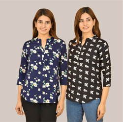 Combo of 2 Black and Blue Crepe Women Printed Top-38564