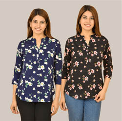 Combo of 2 Black and Blue Crepe Women Printed Top-38571