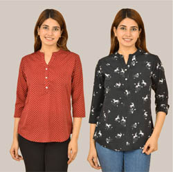 Combo of 2 Black and Maroon Crepe Women Printed Top-38558