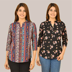 Combo of 2 Black and Multicolor Crepe Women Printed Top-38569