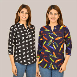 Combo of 2 Black and Navy Blue Crepe Women Printed Top-38561