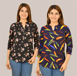 Combo of 2 Black and Navy Blue Crepe Women Printed Top-38568