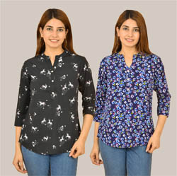 Combo of 2 Blue and Black Crepe Women Printed Top-38555