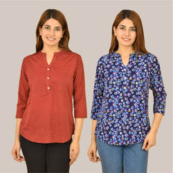 Combo of 2 Blue and Maroon Crepe Women Printed Top-38588