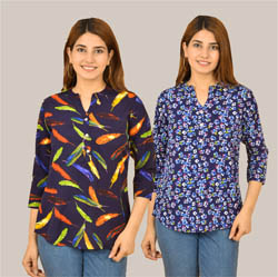 Combo of 2 Blue and Navy Blue Crepe Women Printed Top-38576