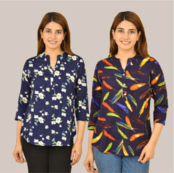Combo of 2 Blue and Navy Blue Crepe Women Printed Top-38577
