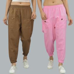 Combo of 2 Brown and Baby Pink Pure Cotton Four Pocket Cargo Pants-45376