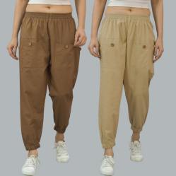 Combo of 2 Brown and Beige Pure Cotton Four Pocket Cargo Pants-45375