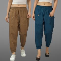 Combo of 2 Brown and Denim Pure Cotton Four Pocket Cargo Pants-45506