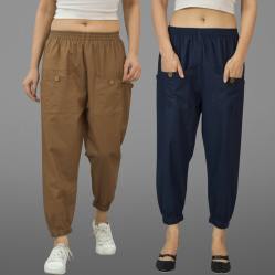 Combo of 2 Brown and Navy Blue Pure Cotton Four Pocket Cargo Pants-45502