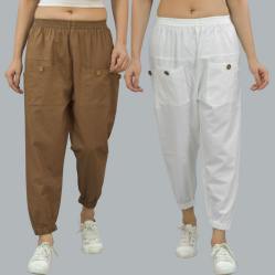 Combo of 2 Brown and White Pure Cotton Four Pocket Cargo Pants-45378