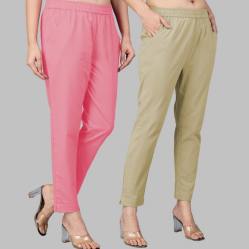 Combo of 2 Cotton Baby Pink and Beige Women Regular Fit Solid Trousers-47614