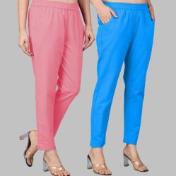 Combo of 2 Cotton Baby Pink and Blue Women Regular Fit Solid Trousers-47610