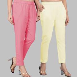 Combo of 2 Cotton Baby Pink and Lemon Yellow Women Regular Fit Solid Trousers-47609