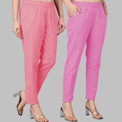 Combo of 2 Cotton Baby Pink and Light Pink Women Regular Fit Solid Trousers-47611