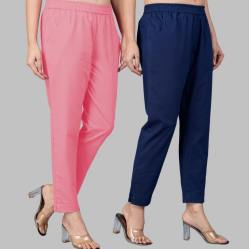 Combo of 2 Cotton Baby Pink and Navy Blue Women Regular Fit Solid Trousers-47615