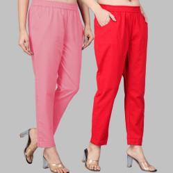 Combo of 2 Cotton Baby Pink and Red Women Regular Fit Solid Trousers-47616