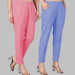 Combo of 2 Cotton Baby Pink and Sky Blue Women Regular Fit Solid Trousers-47612
