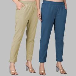 Combo of 2 Cotton Beige and Denim Women Regular Fit Solid Trousers-47650