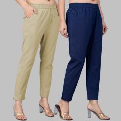 Combo of 2 Cotton Beige and Navy Blue Women Regular Fit Solid Trousers-47648