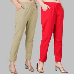 Combo of 2 Cotton Beige and Red Women Regular Fit Solid Trousers-47649