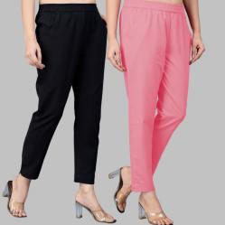 Combo of 2 Cotton Black and Baby Pink Women Regular Fit Solid Trousers-47539