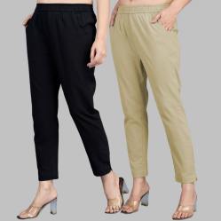 Combo of 2 Cotton Black and Beige Women Regular Fit Solid Trousers-47545