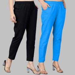 Combo of 2 Cotton Black and Blue Women Regular Fit Solid Trousers-47541