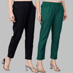 Combo of 2 Cotton Black and Bottle Green Women Regular Fit Solid Trousers-47534