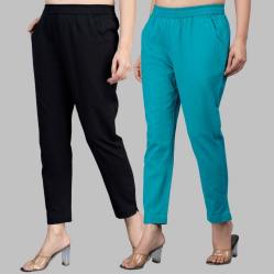 Combo of 2 Cotton Black and Cyan Women Regular Fit Solid Trousers-47544