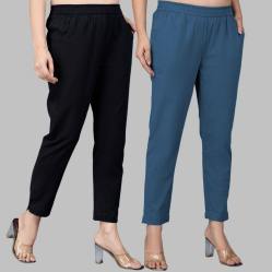Combo of 2 Cotton Black and Denim Women Regular Fit Solid Trousers-47548