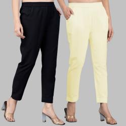 Combo of 2 Cotton Black and Lemon Yellow Women Regular Fit Solid Trousers-47540