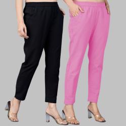 Combo of 2 Cotton Black and Light Pink Women Regular Fit Solid Trousers-47542