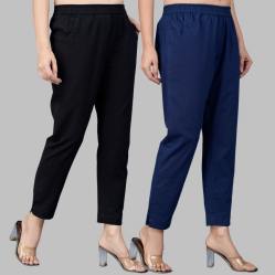 Combo of 2 Cotton Black and Navy Blue Women Regular Fit Solid Trousers-47546