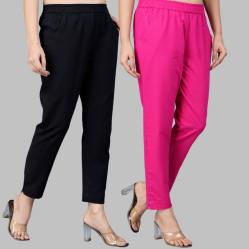 Combo of 2 Cotton Black and Pink Women Regular Fit Solid Trousers-47537